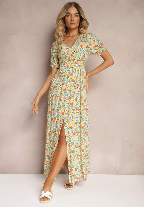 Pomarańczowa Wiskozowa Sukienka Wykończona Marszczeniem Rozcięciem na Nogę i Gumką w Pasie Missalene