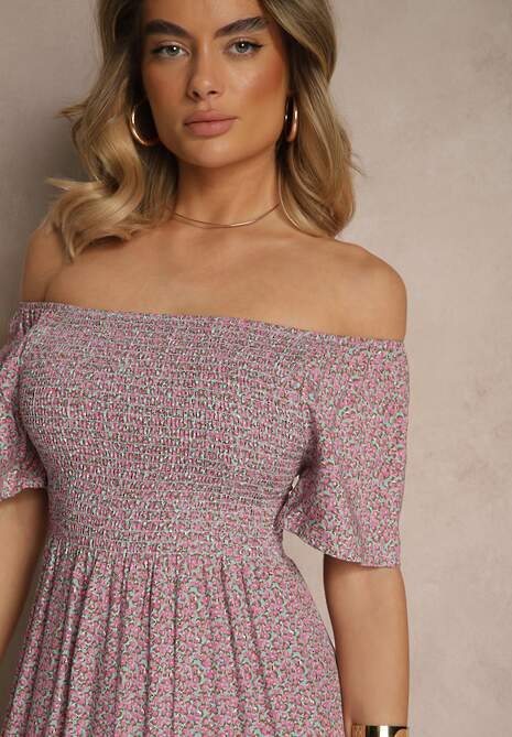 Różowa Bawełniana Sukienka Hiszpanka o Rozkloszowanym Kroju w Kwiaty Sadique