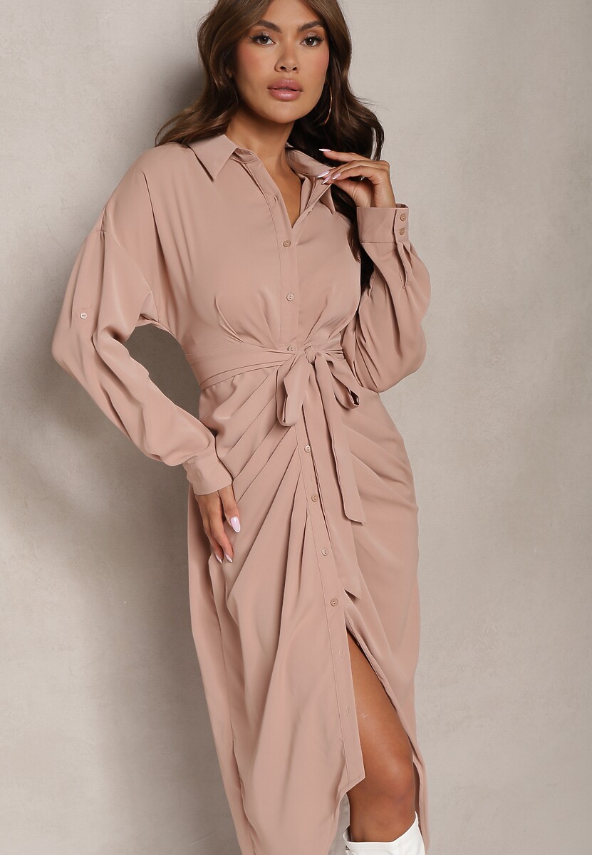 Ciemnobeżowa Sukienka Koszulowa z Wiązanym Paskiem i Marszczeniem Odele