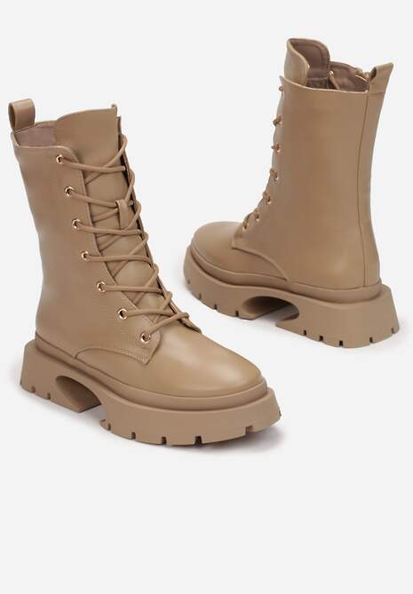 Ciemnobeżowe Botki Workery na Grubej Podeszwie Palua