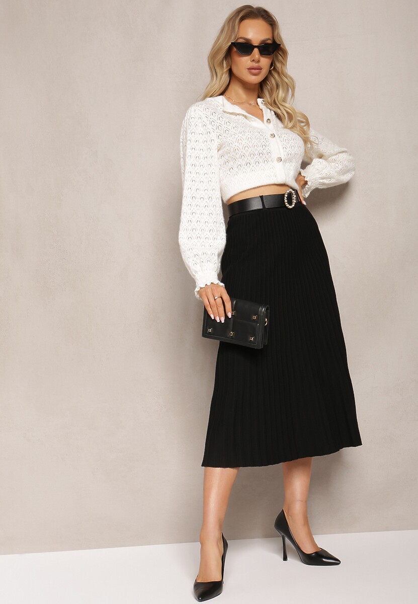 Czarna Midi Plisowana Spódnica z Gumką w Pasie i Paskiem z Ekoskóry Juara