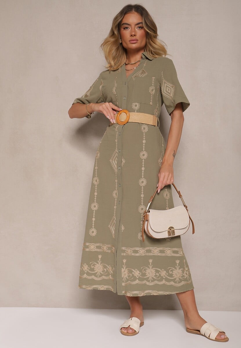 Ciemnozielona Koszulowa Sukienka z Bawełny z Plecionym Paskiem Sariene