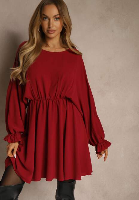 Bordowa Rozkloszowana Sukienka z Gumką w Talii i przy Mankietach Tesunela