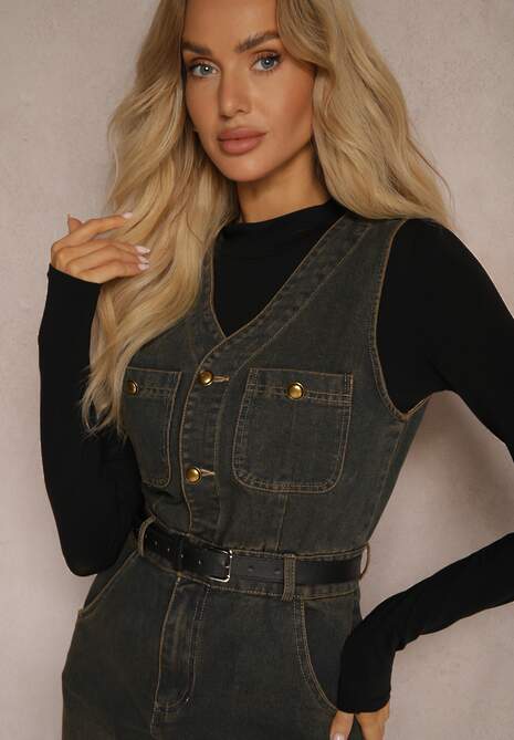 Granatowa Jeansowa Sukienka z Paskiem z Ekoskóry i Rozcięciem Zapinana na Suwak Samicella