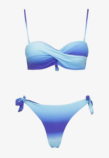 Granatowe Bikini Majtki Typu Figi i Biustonosz z Marszczeniem w Geometryczny Wzór Kinnira