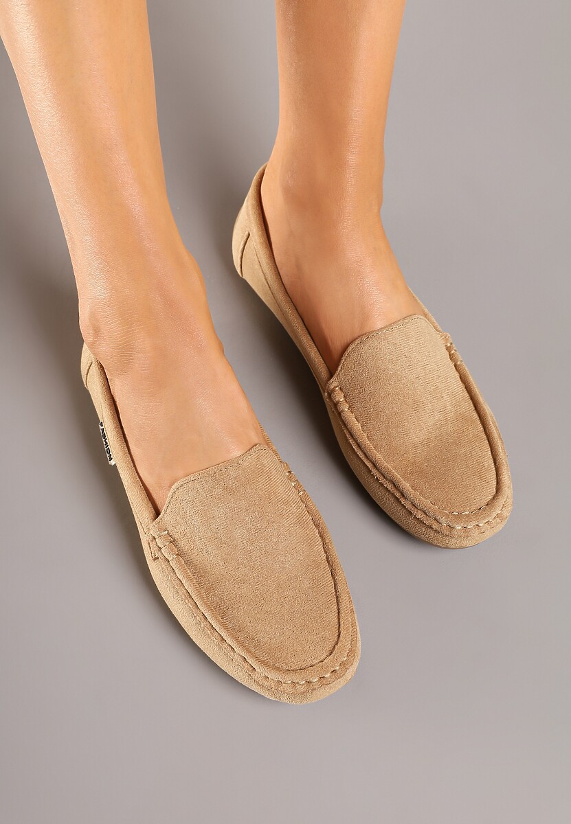 Ciemnobeżowe Mokasyny z Ekozamszu Zdobione Przeszyciami Zeanise