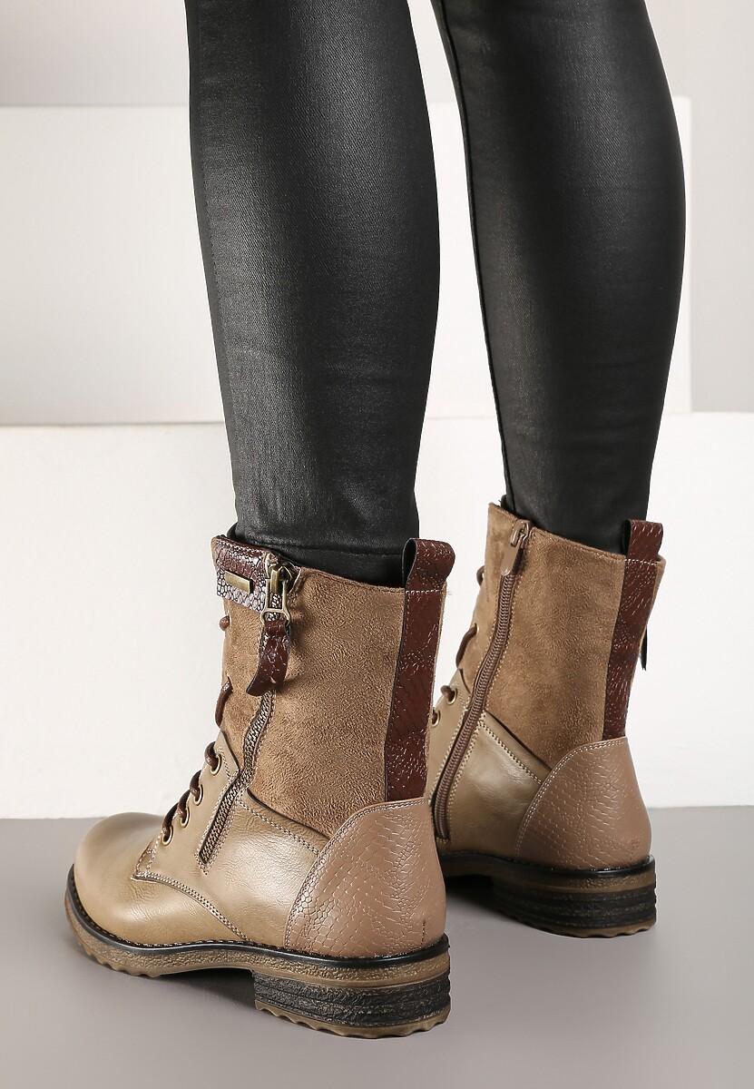 Ciemnobeżowe Botki Sznurowane z Zamkiem Hiyab