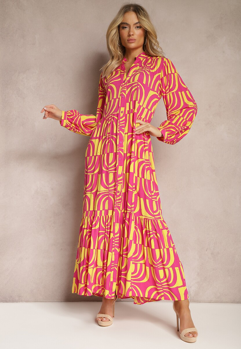 Różowo-Żółta Długa Sukienka Rozkloszowana w Geometryczne Wzory z Kołnierzykiem Skulle