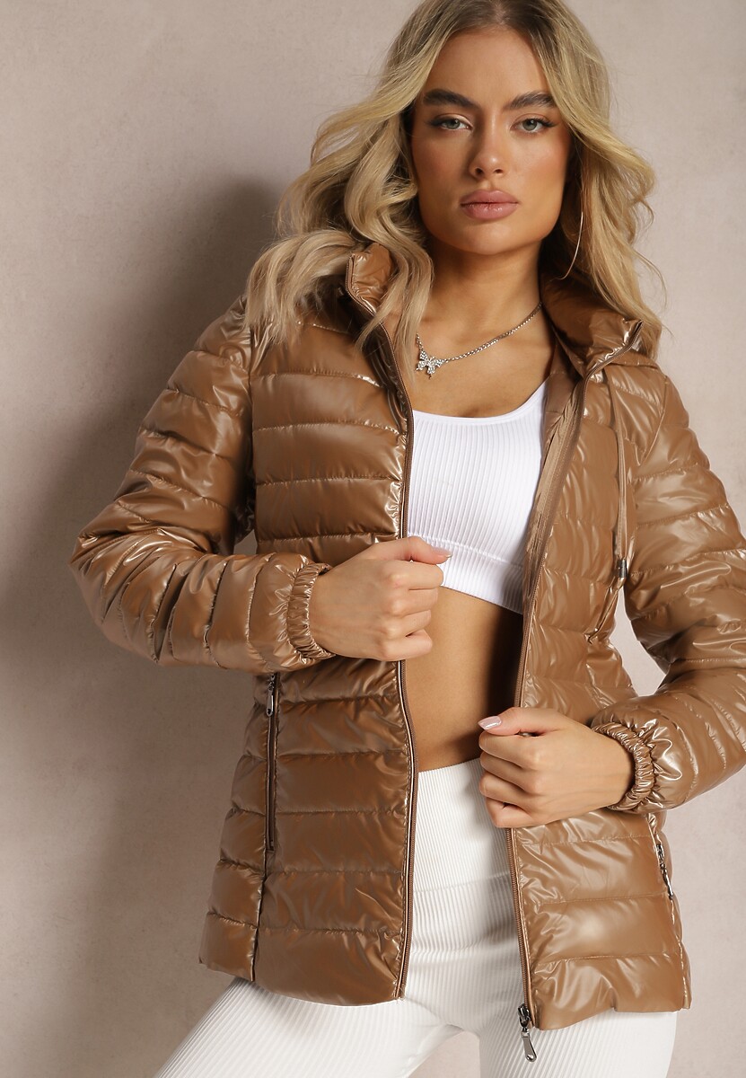 Ciemnobeżowa Metaliczna Kurtka z Pikowaniem i Kapturem Anaira