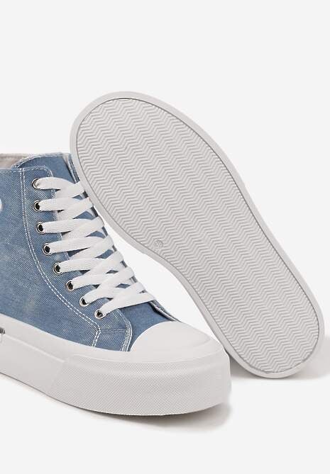 Jasnoniebieskie Trampki na Platformie z Wysoką Cholewką z Haftem z Brokatem Elanitha