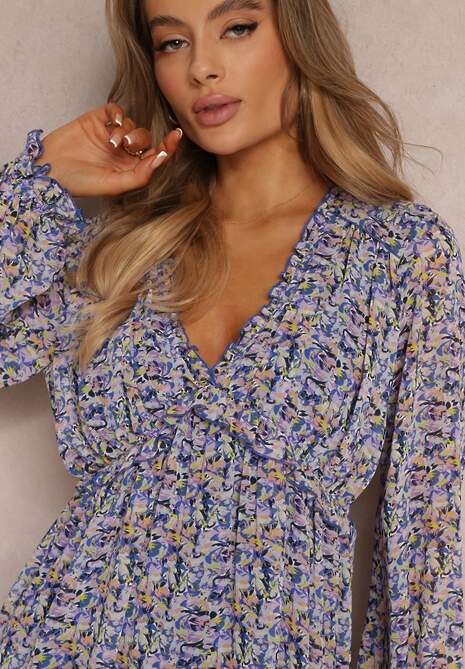 Fioletowa Rozkloszowana Sukienka Mini w Kwiaty z Gumką w Pasie Antonette