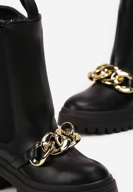 Czarne Botki Workery na Grubej Podeszwie z Łańcuchem Sylasse
