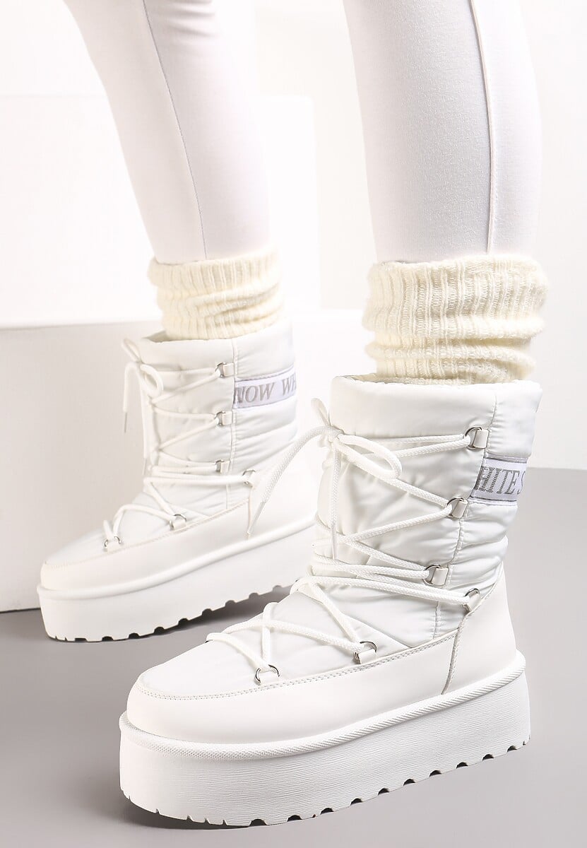 Białe Śniegowce na Platformie z Ozdobnym Wiązaniem Zingie