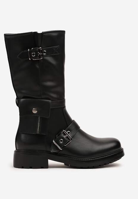 Czarne Botki Biker Boots Zdobione Klamerkami i Kieszonką Nalinnea