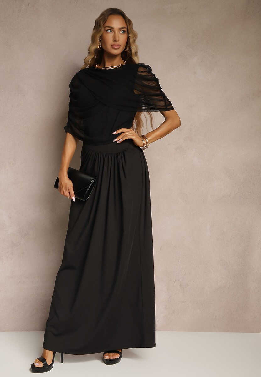 Czerwona Marszczona Sukienka o Taliowanym Kroju z Dodatkową Narzutką z Siateczki Milarielis