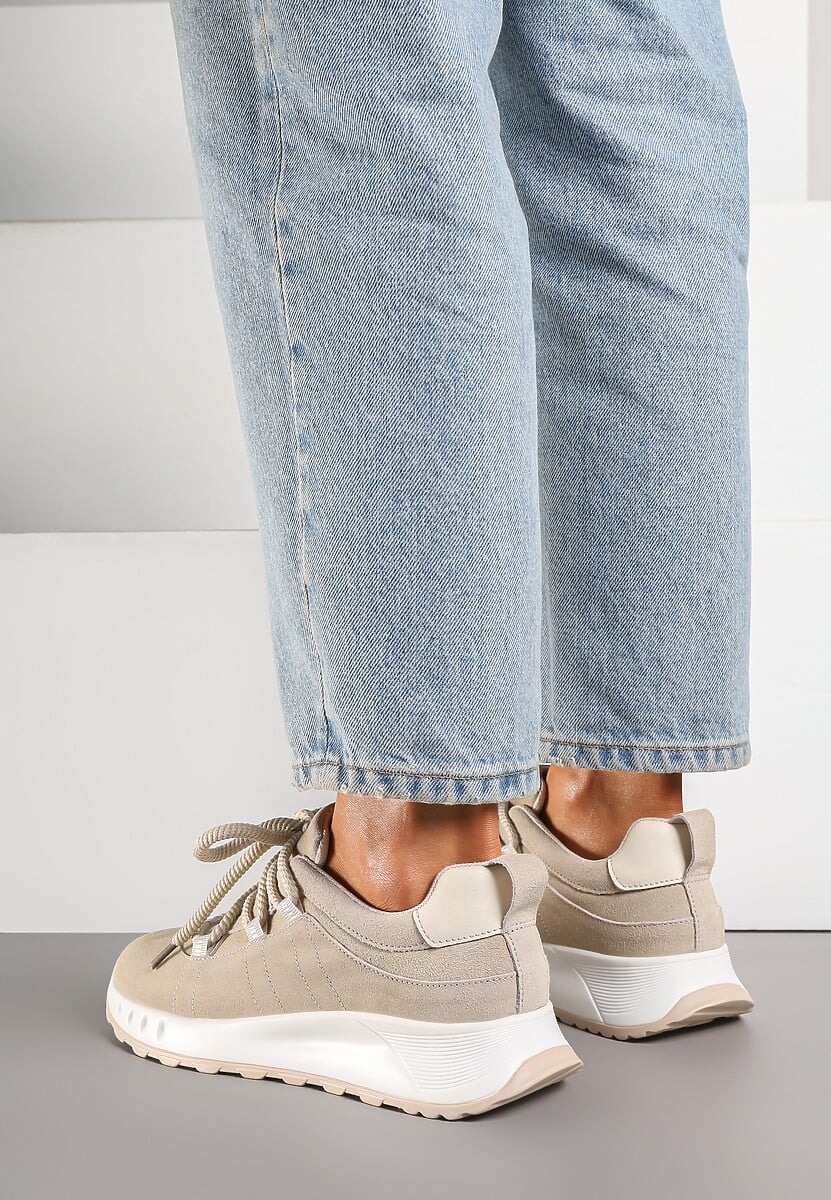 Beżowe Zamszowe Sneakersy z Wkładką ze Skóry Naturalnej Dolavienne