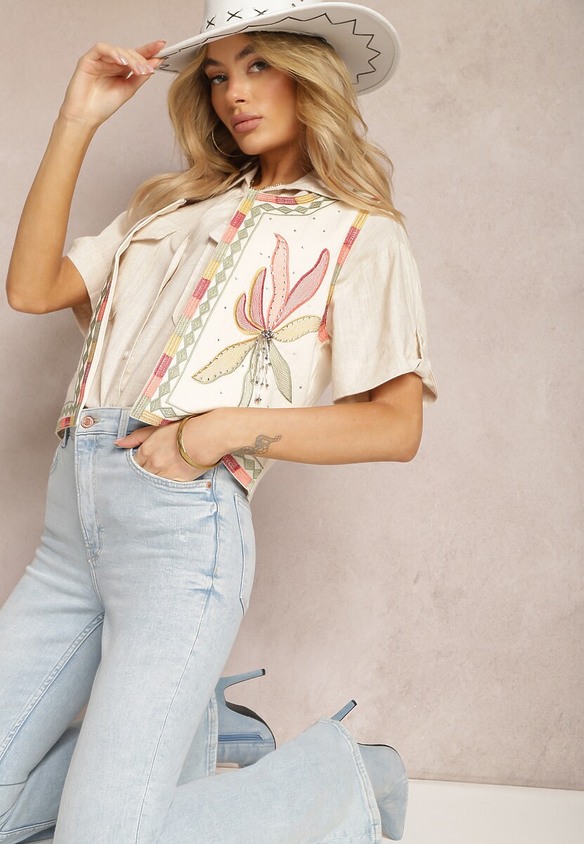 Beżowa Kamizelka z Haftowanej Bawełny z Cyrkoniami Vicenta