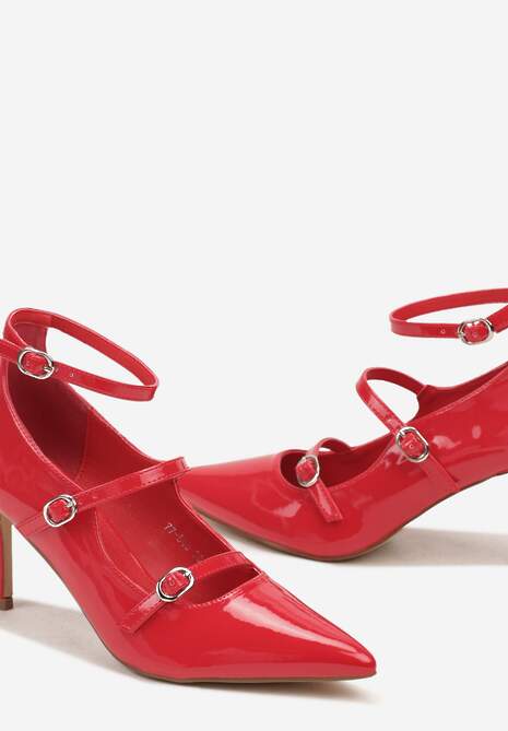 Czerwone Lakierowane Czółenka na Szpilce Zapinane przy Kostce na Sprzączkę Rexilia