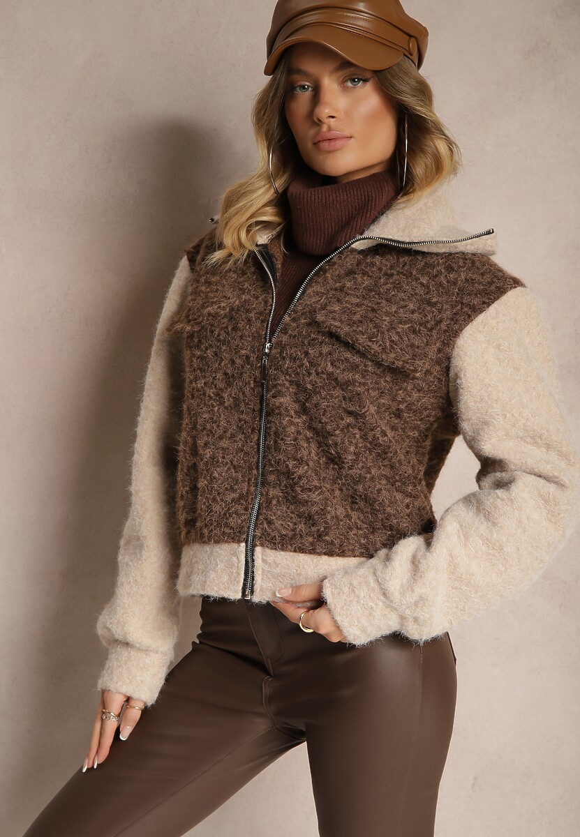 Czarna Przejściowa Kurtka Boucle z Wysokim Kołnierzem i Imitacją Kieszeni Lilarra