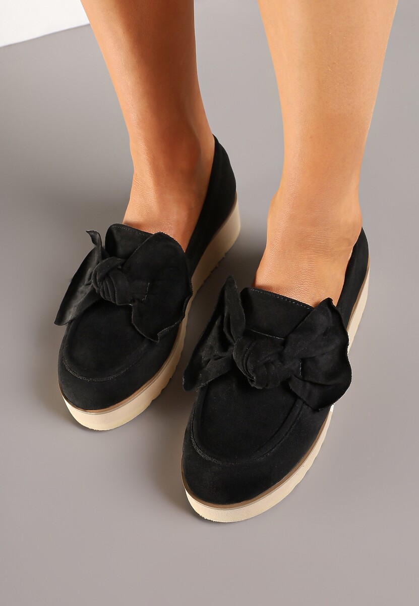 Czarne Mokasyny z Ekozamszu na Niskiej Platformie z Ozdobną Kokardą Nusalena