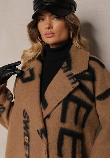 Ciemnobeżowy Luźny Płaszcz Wełniany w Ozdobny Nadruk Misganna