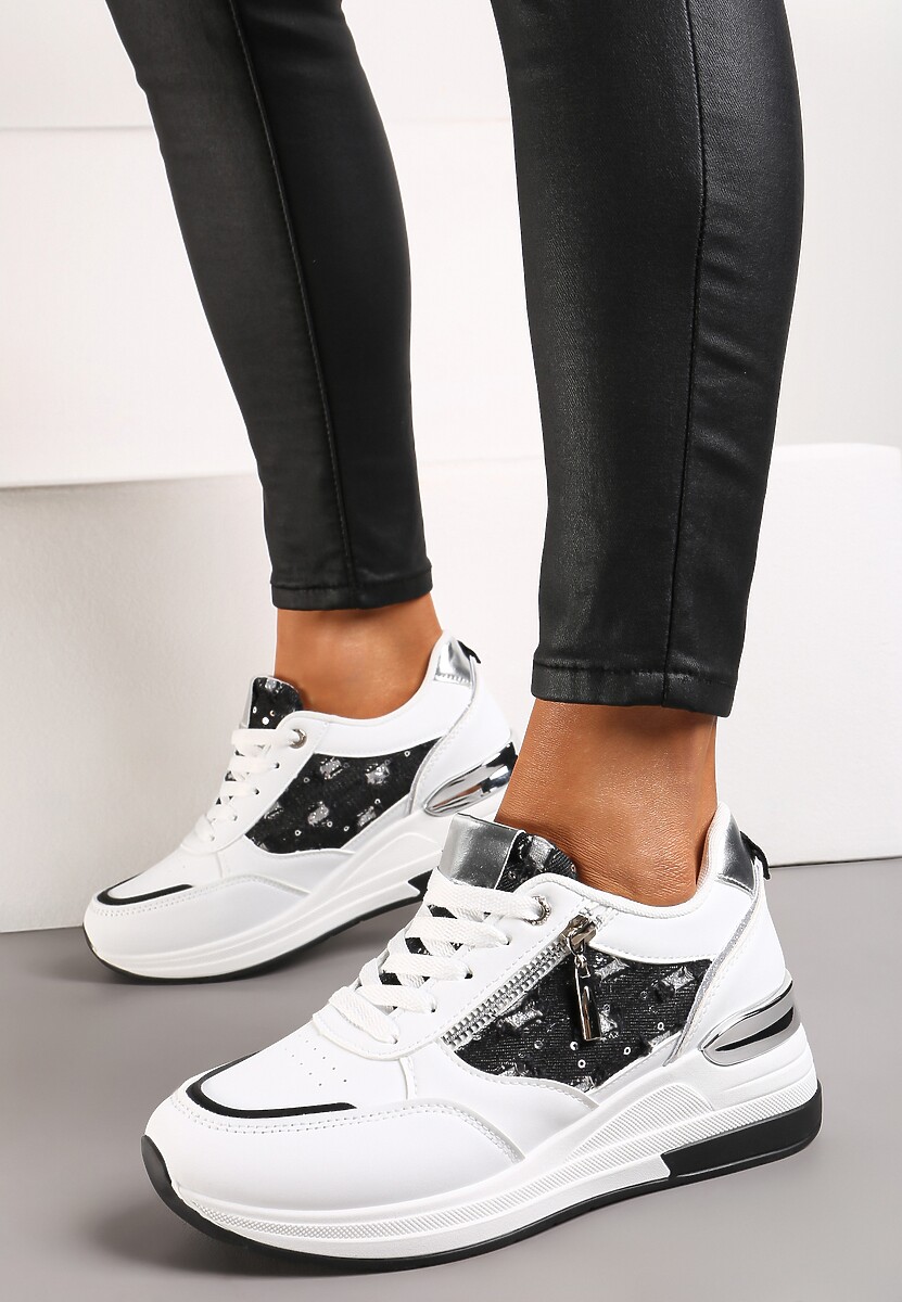 Biało-Czarne Sneakersy na Koturnie z Ozdobną Wstawką z Suwakiem i Sznurowaniem Dastas