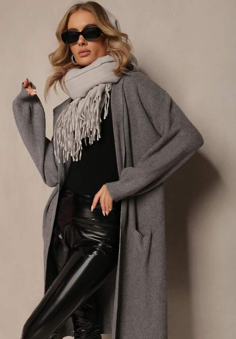 Szary Jednolity Kardigan z Długim Rękawem Niezapinany z Kapturem Colise