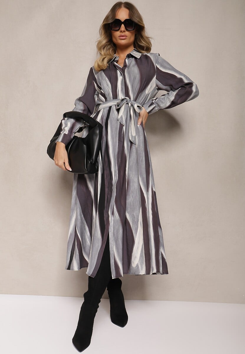Szara Koszulowa Sukienka w Abstrakcyjne Paski o Długim Kroju z Gumką i Paskiem w Talii Nerithal