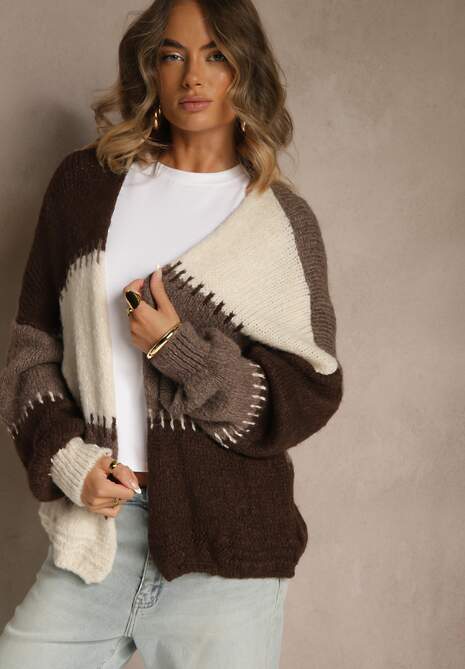 Beżowy Kardigan z Domieszką Wełny i Wiskozy w Patchworkowym Stylu Fesolinne