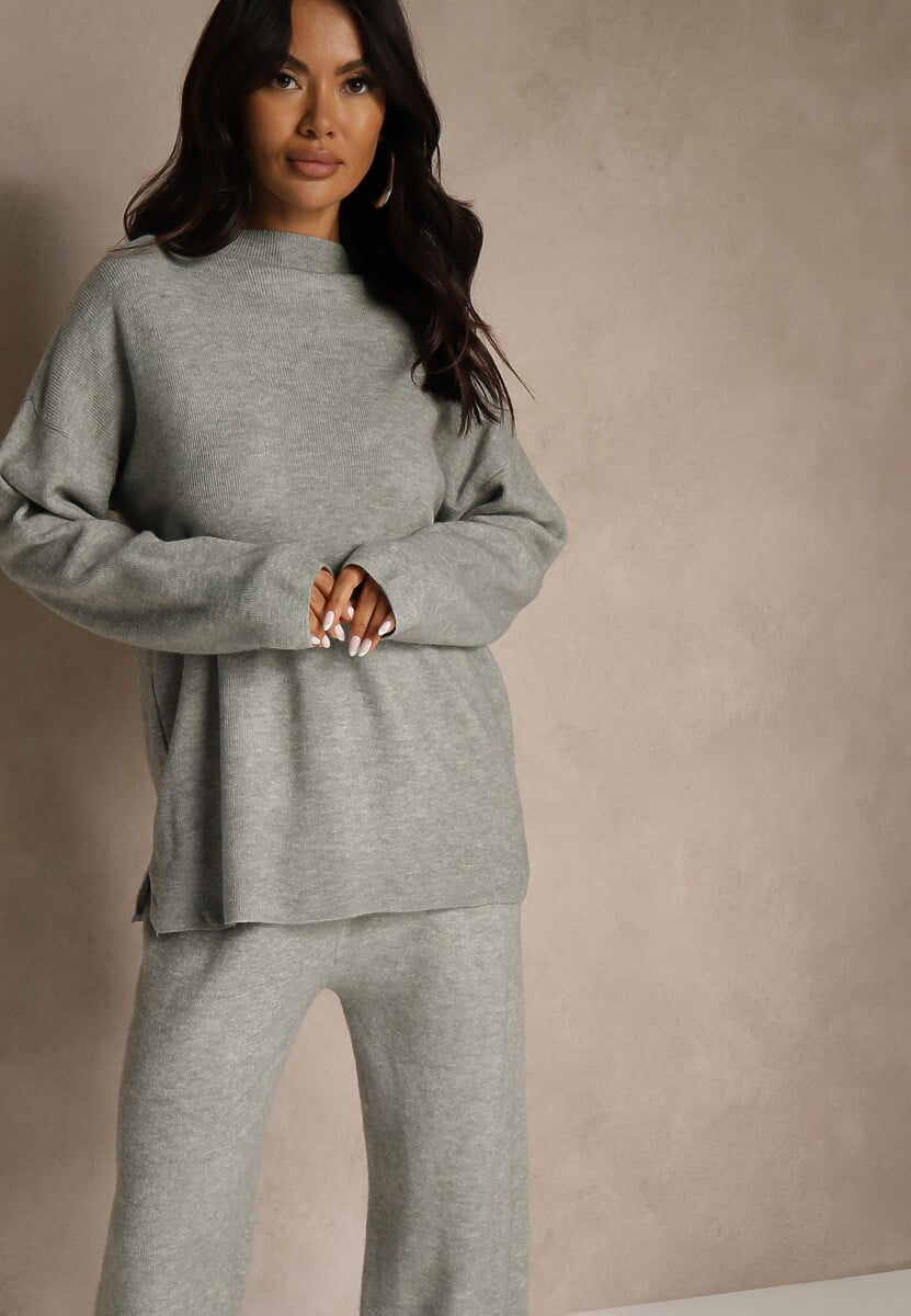 Szary Komplet Oversize z Dzianiny z Wełną Sweter i Szerokie Spodnie Alenria