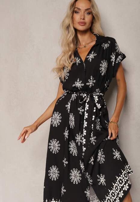 Czarna Sukienka z Dodatkiem Wiskozy o Kroju Koszulowym Wykończona Paskiem i Guzikami Mivavia