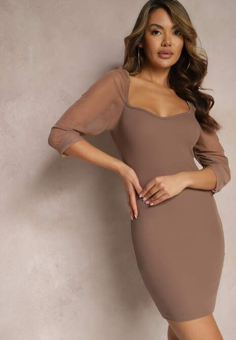 Brązowa Mini Sukienka o Dopasowanym Kroju z Bawełny Hemirra