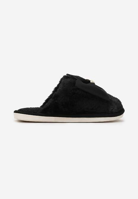 Czarne Kapcie z Miękkiego Futerka Ozdobione Kokardą Adeltta