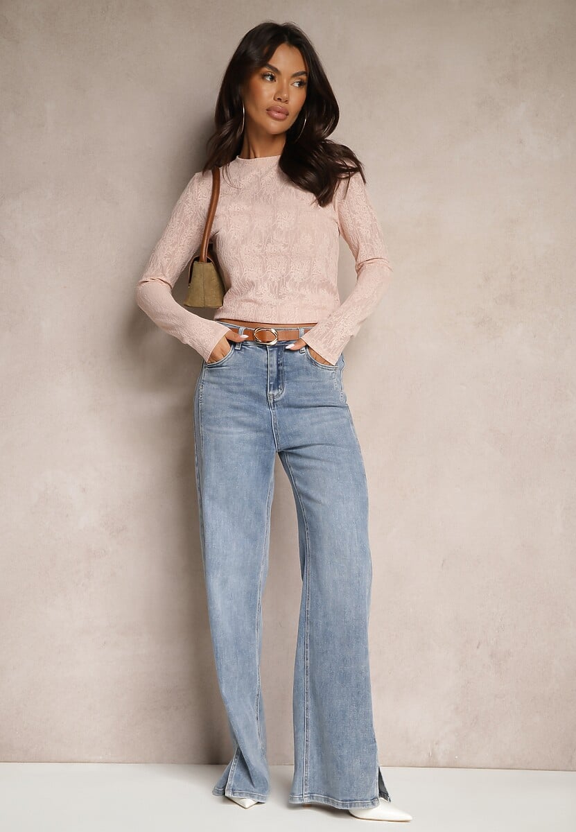 Różowa Bluzka z Wiskozą Ozdobiona Koronkowym Motywem Ridanis