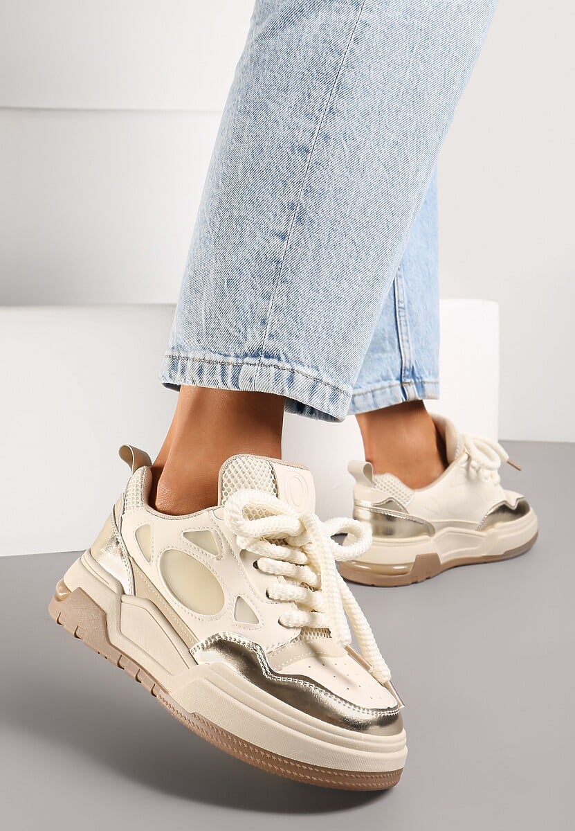 Beżowe Sneakersy na Niskiej Platformie z Grubymi Sznurowadłami Vansyla
