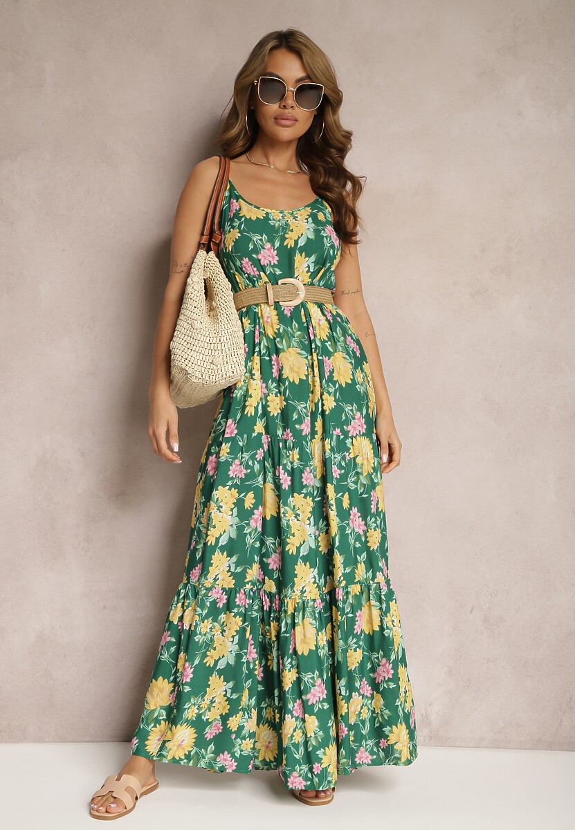 Czarno-Różowa Wiskozowa Sukienka na Ramiączkach z Falbanką Lrinesa