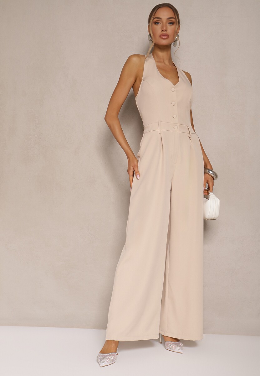 Beżowy Taliowany Kombinezon z Guzikami Nilaviella