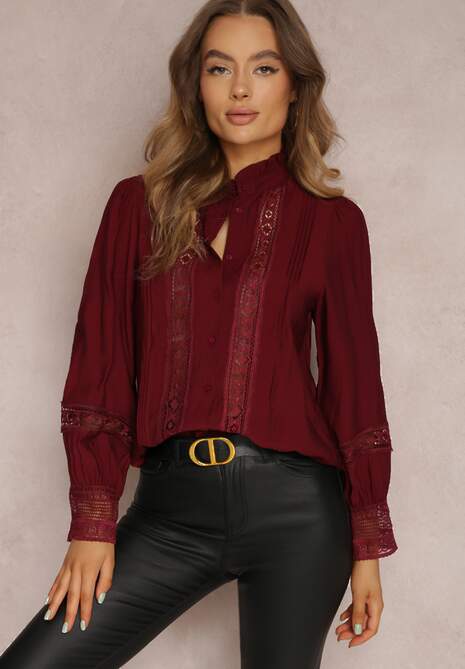 Bordowa Koszula ze Stójką i Koronką Phaeninca