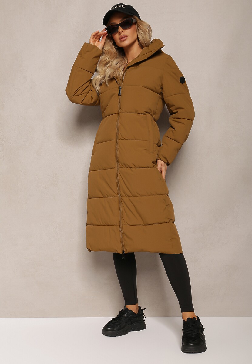 Brązowa Długa Kurtka Pikowana Płaszcz Mocno Ocieplona z Nieodpinanym Kapturem Naliope