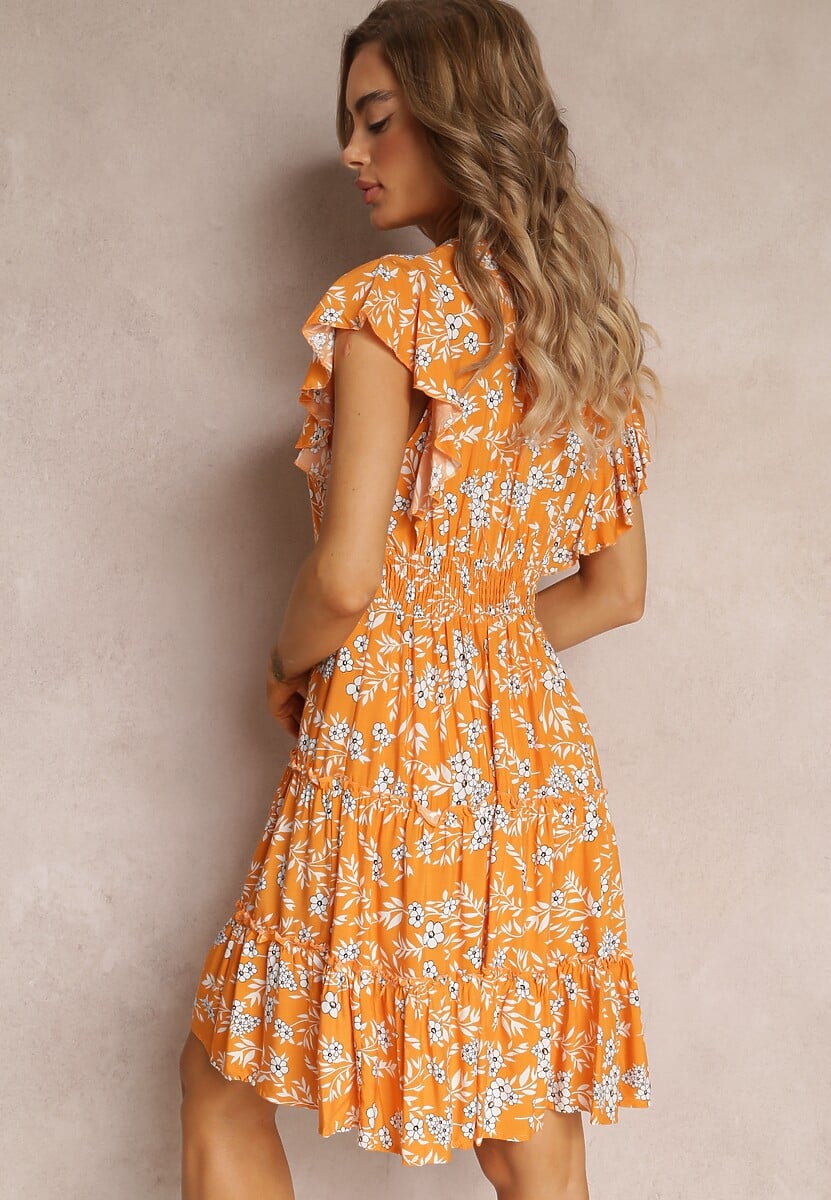 Pomarańczowa Rozkloszowana Sukienka z Wiskozy i Falbankami Brindisi