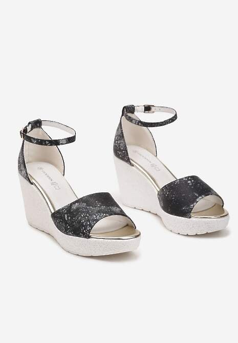 Czarne Sandały na Wysokim Koturnie i Platformie z Wkładką ze Skóry Naturalnej Folwi