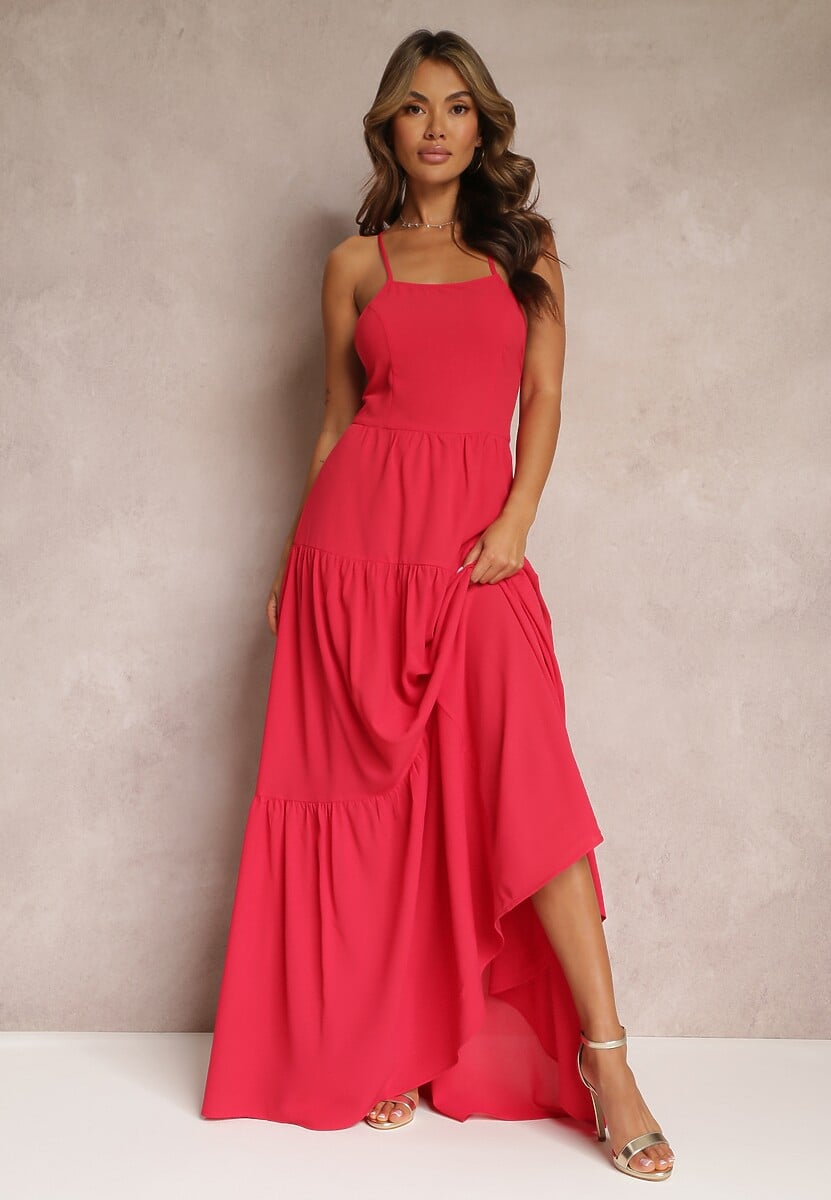Czerwona Rozkloszowana Maxi Sukienka z Falbankami i Wiązaniem na Tyle Karins