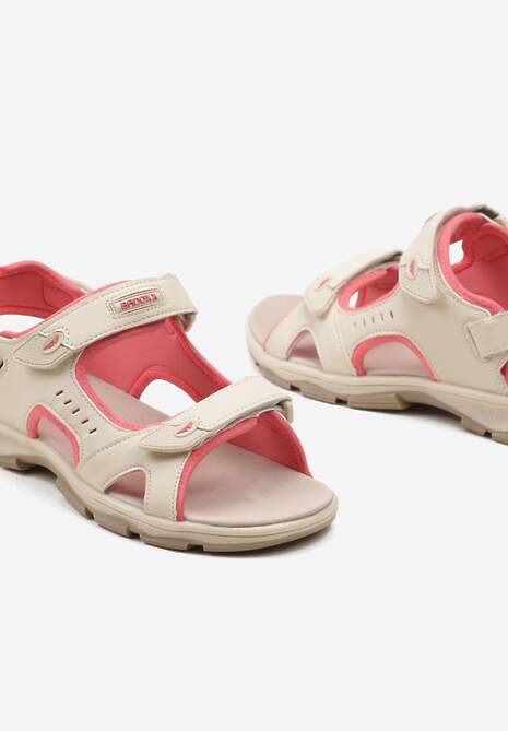 Beżowe Sportowe Sandały na Płaskiej Podeszwie ze Skórzaną Wkładką Zapinane na Rzep Frailla