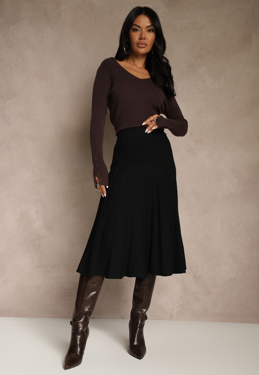 Ciemnoszara Dzianinowa Spódnica Plisowana o Rozkloszowanym Kroju Tuswia