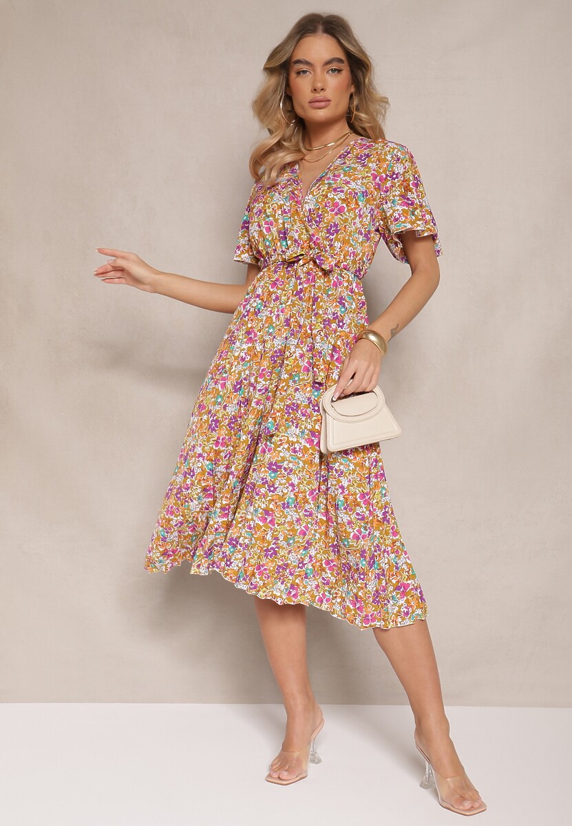 Żółta Sukienka z Plisami w Kwiecisty Print o Rozkloszowanym Kroju Lanelin