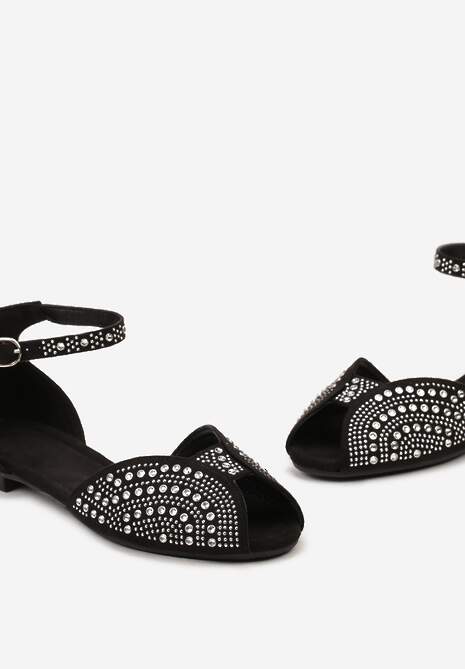 Czarne Błyszczące Sandały z Kryształkami na Płaskiej Podeszwie ze Sprzączką Japona