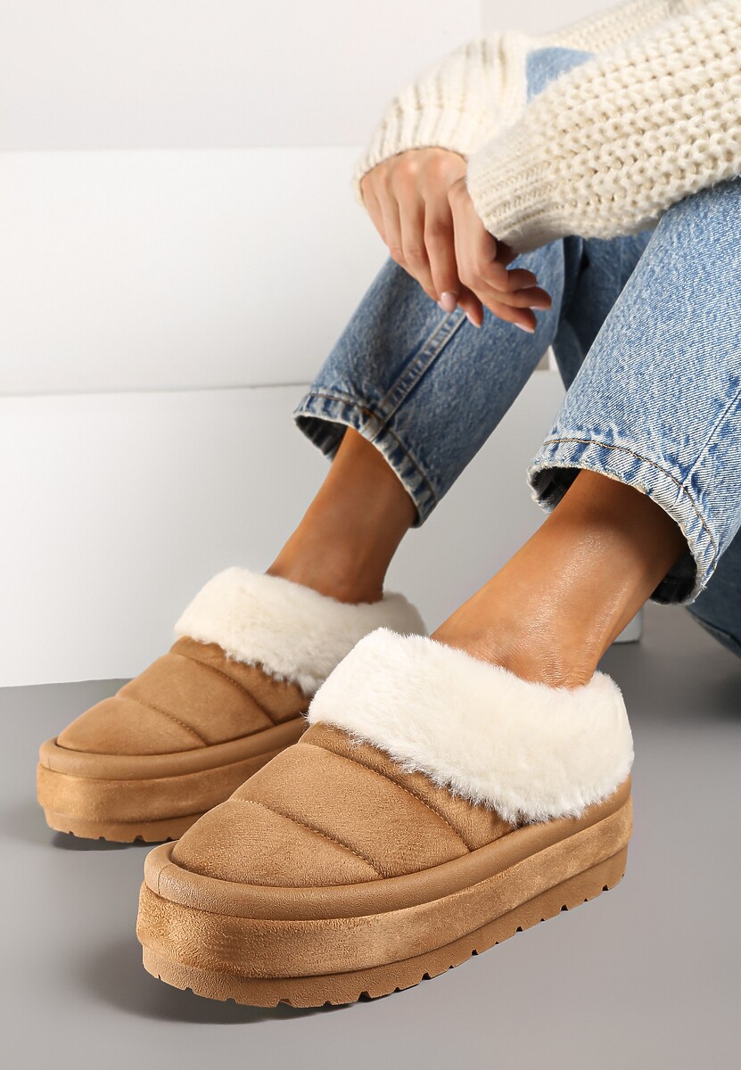 Jasnobrązowe Niskie Śniegowce Ekozamszowe na Platformie z Pikowaniem i Futerkiem Realira