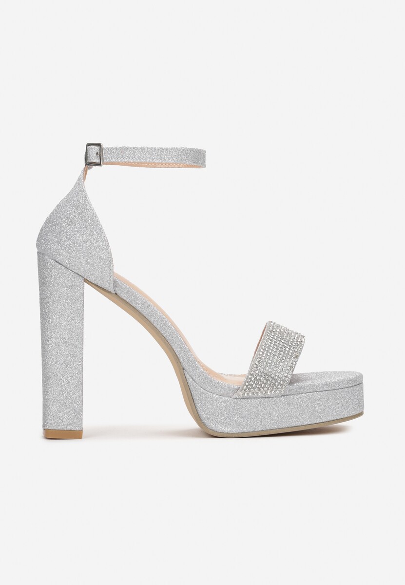 Srebrne Sandały Brokatowe na Platformie i Słupku Lirena
