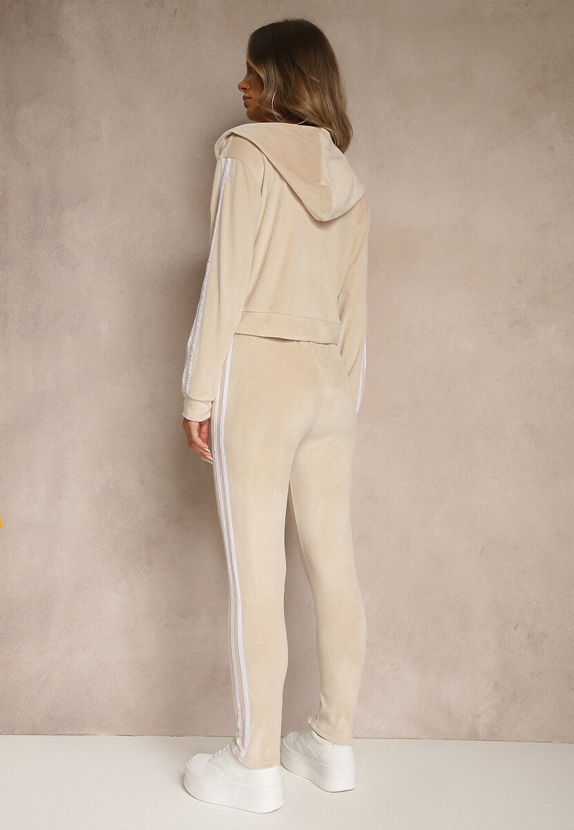 Beżowy 2-Częściowy Komplet Dresowy z Weluru z Ozdobnymi Lampasami Bluza i Spodnie Anelpe