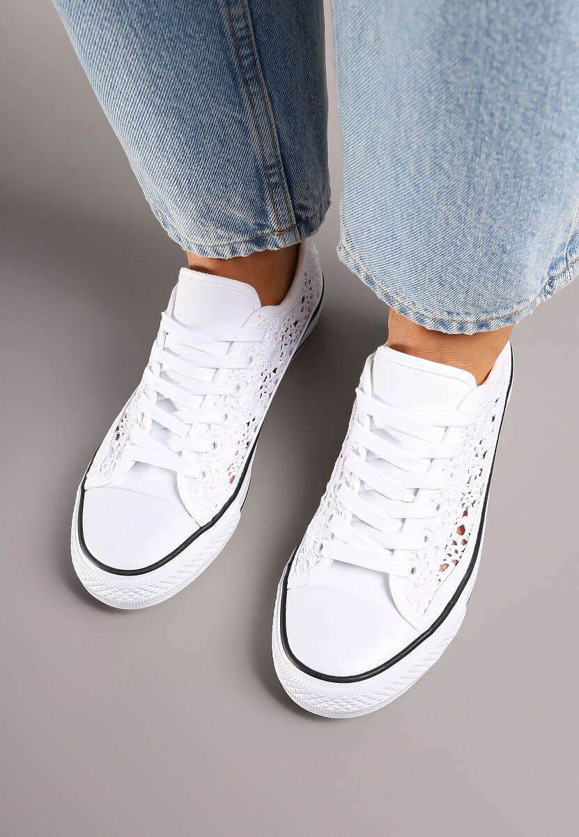 Biało-Czarne Ażurowe Trampki pod Kostkę ze Sznurowaniami Zelimia